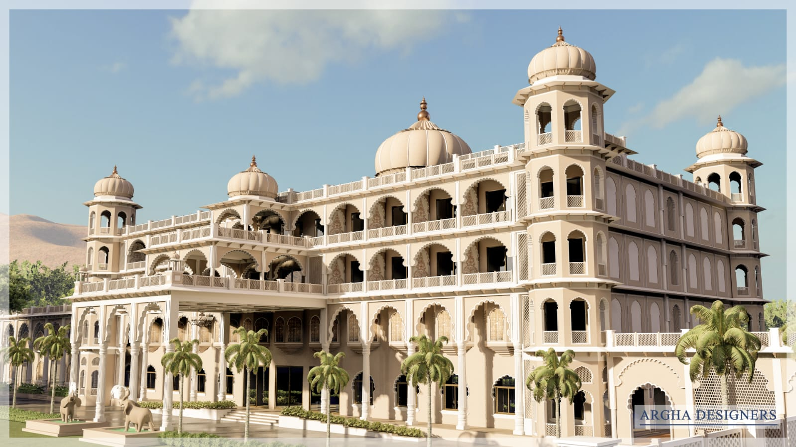 Architectural render of the royal palace with domes, arches and palm-lined entrance