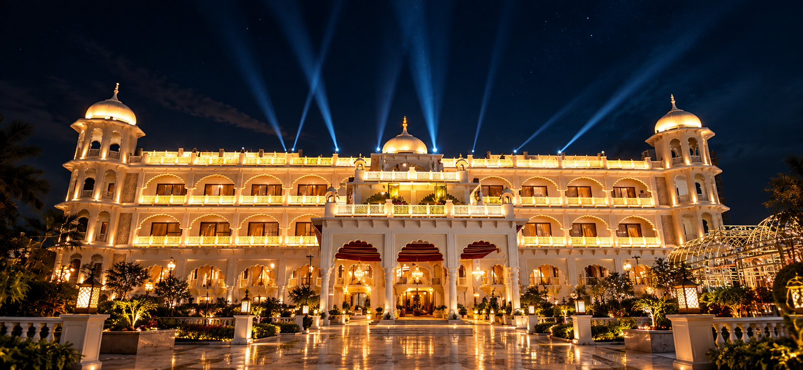 Palace-inspired Indian wedding architecture with domes and grand arches